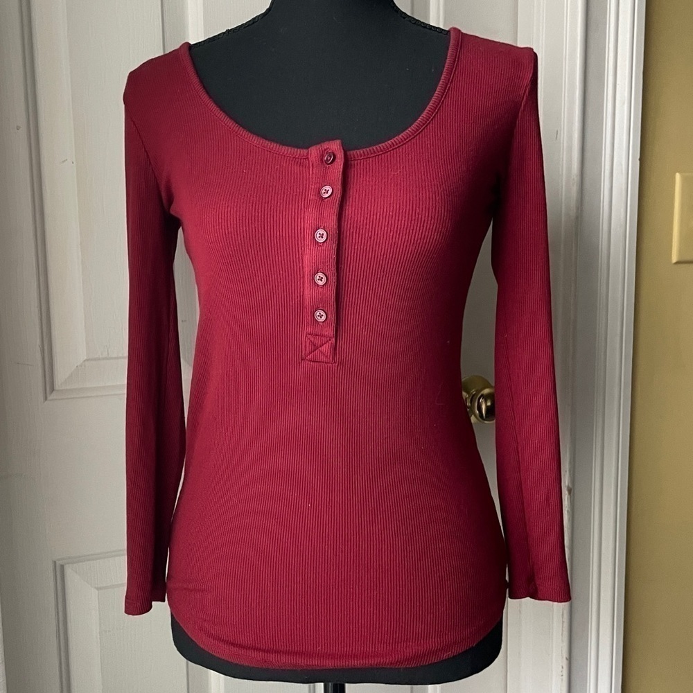 J. Crew Women's Red Ribbed Henley Long Sleeve Top